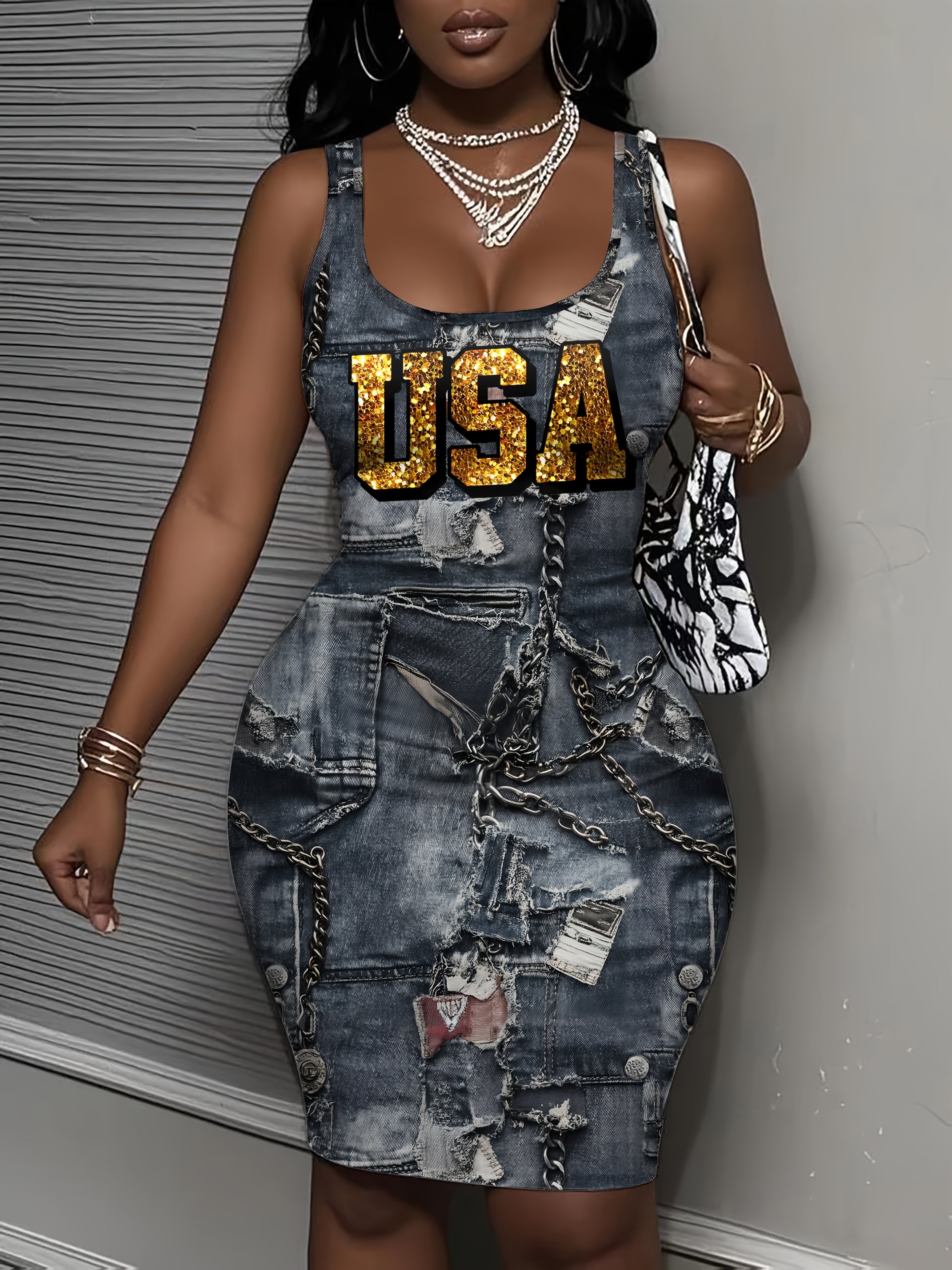 Women's High-Waisted Stretchy Imitation Denim Sleeveless Dress with Glitter USA Letter Print - Casual Summer Machine-Washable Denim-Style Dress for Adults, Denim Dress